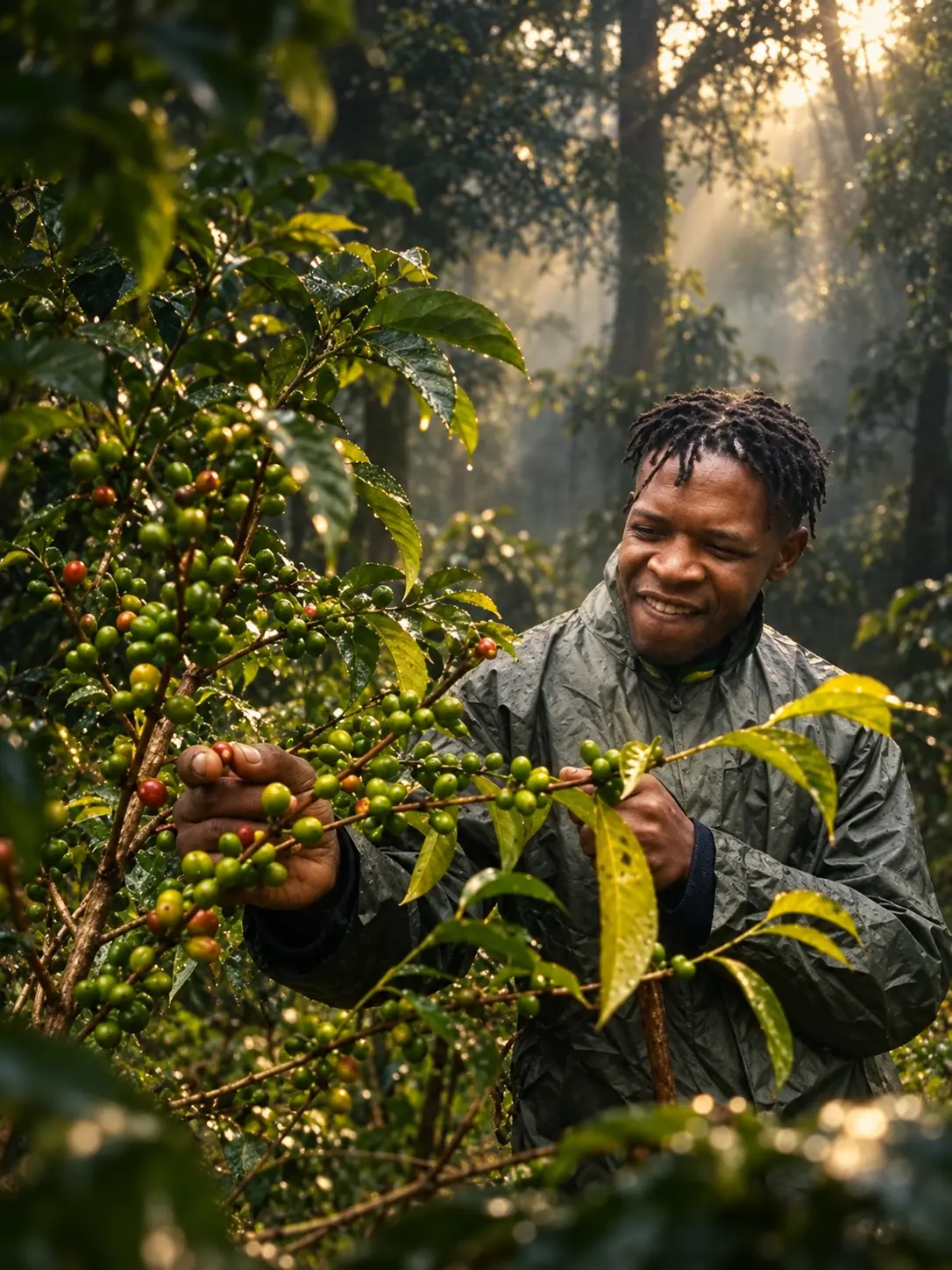 Ripe coffee cherries being picked by hand at origin
